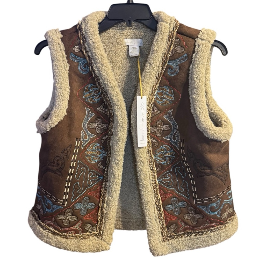 House of Harlow 1960 Boho Faux Shearling Vest Brown Cream Cabincore Winter Gilet
